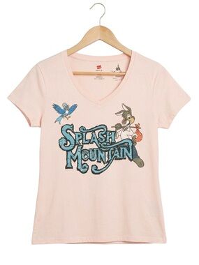 VTG Disney Parks Splash Mountain Hanes Nano V-Neck Shirt Small Pink Brer Rabbit
